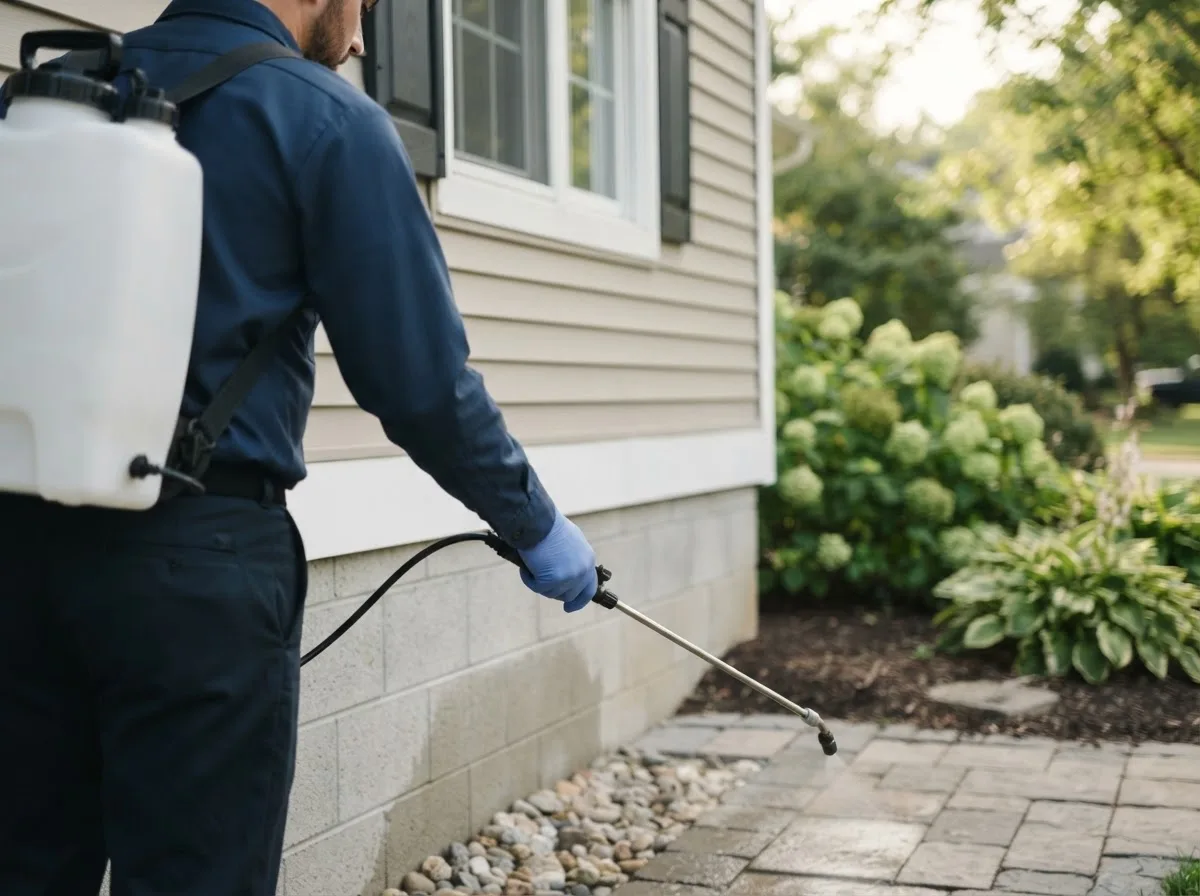 Pest control technician inspecting a home in Townville, SC